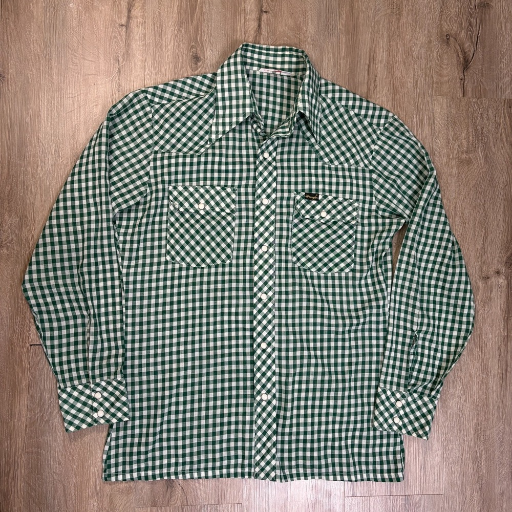 VTG Wrangler Pearl Snap Long Sleeve Green Medium USA Paper Thin 70s 80s